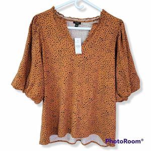 NWT Ann Taylor Factory Rust Orange Linen Blend Dalmation Print Puff Sleeve Blous